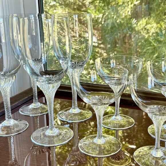 Vintage Twisted Stem Crystal American Cut Roberto Water & Coupe Glasses Set 8 - Picture 1 of 15